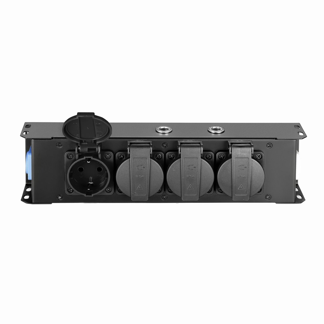 Adam Hall Cables PRO PORT 4 Stromverteiler 4 x IP54 Schuko out & 1 x PowerOut grey & 1 x blue